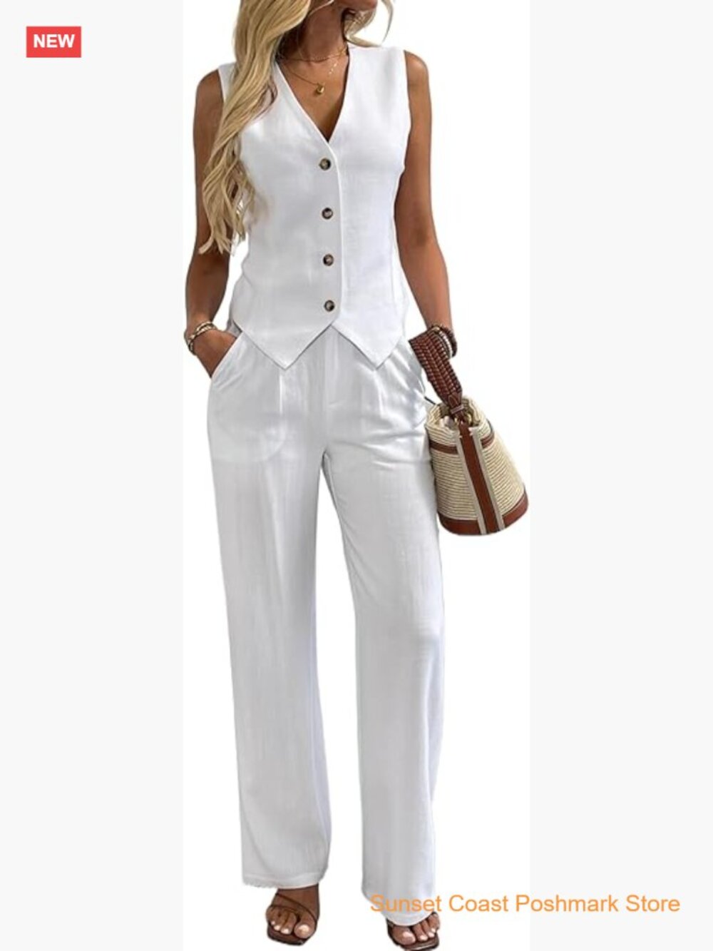 Linen Cotton 2 Piece Vest Waistcoat Wide Leg Pants Suit Set